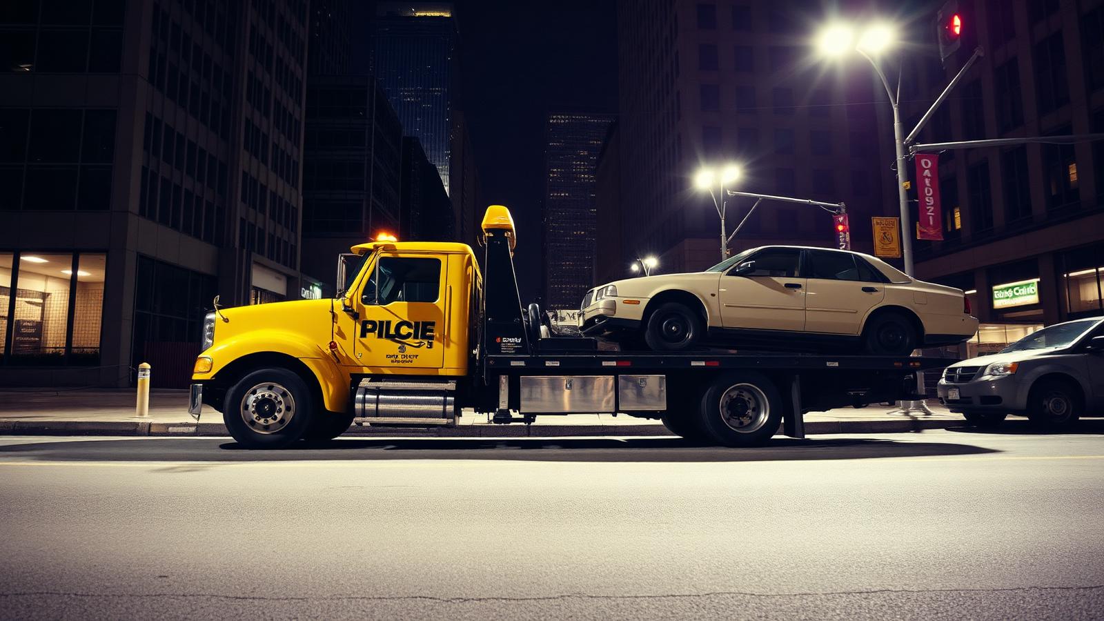 Yellow tow truck loading a junk car in Chicago